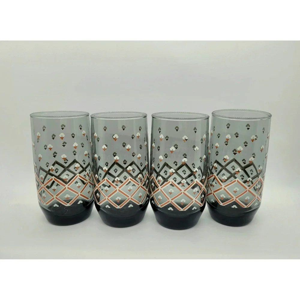 Set‎ of 8 Vintage Libbey Apollo Smoky Gray Highball Glasses MCM Geometric Orange